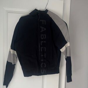 Fabletics Black Jacket with Gray and White Sleeve Panels